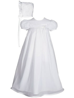 Little Things Mean A Lot White Polyester Taffeta Christening Baptism Gown with Rosettes and a Bonnet